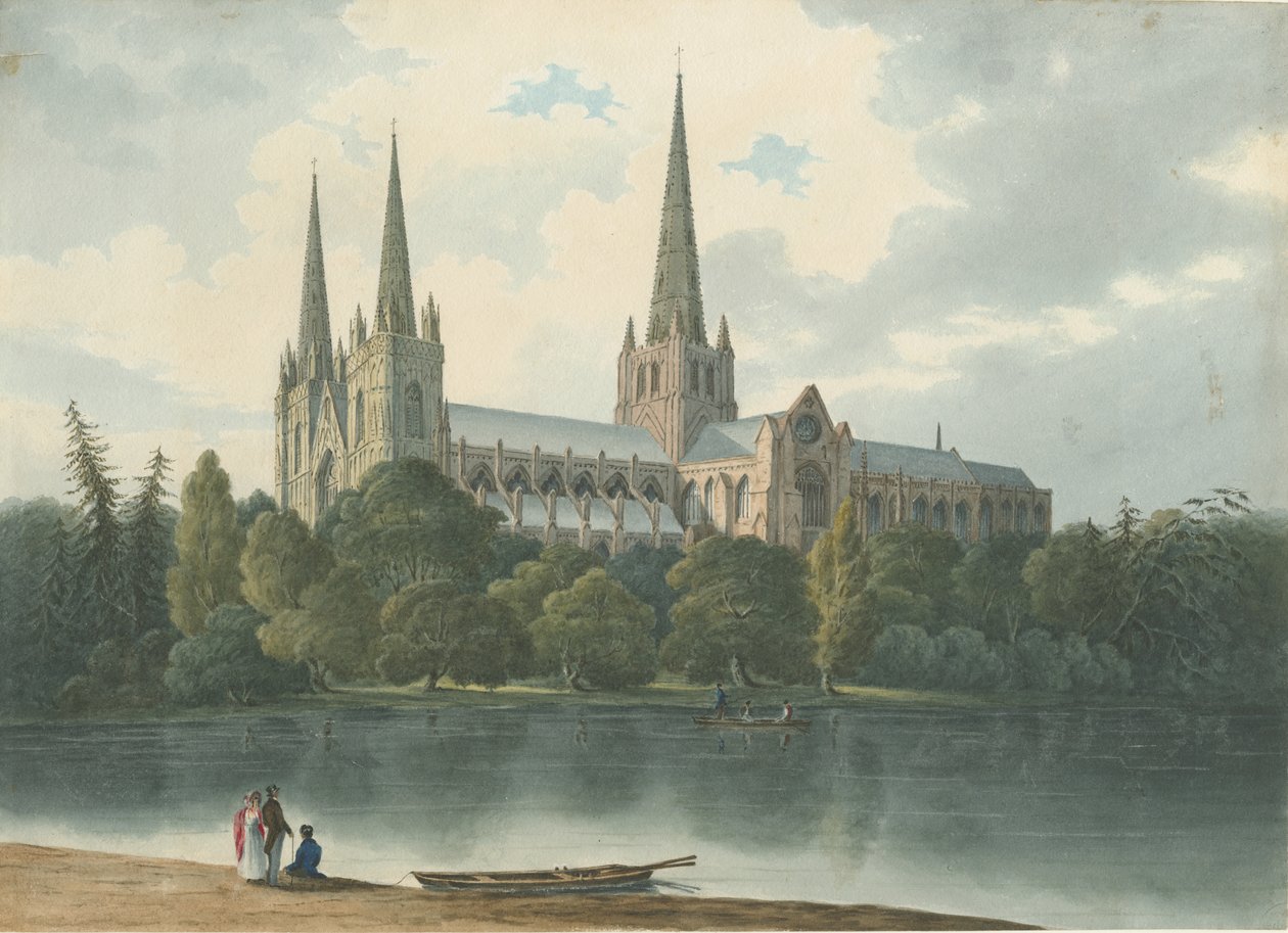 Lichfield Cathedral - South West View: vandfarvemaleri, juli 1824 (maleri) af Robert Noyes