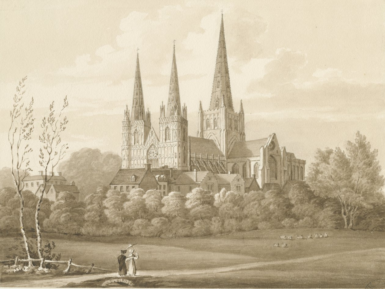 Lichfield Cathedral - West South West View: sepia tegning af Robert Noyes