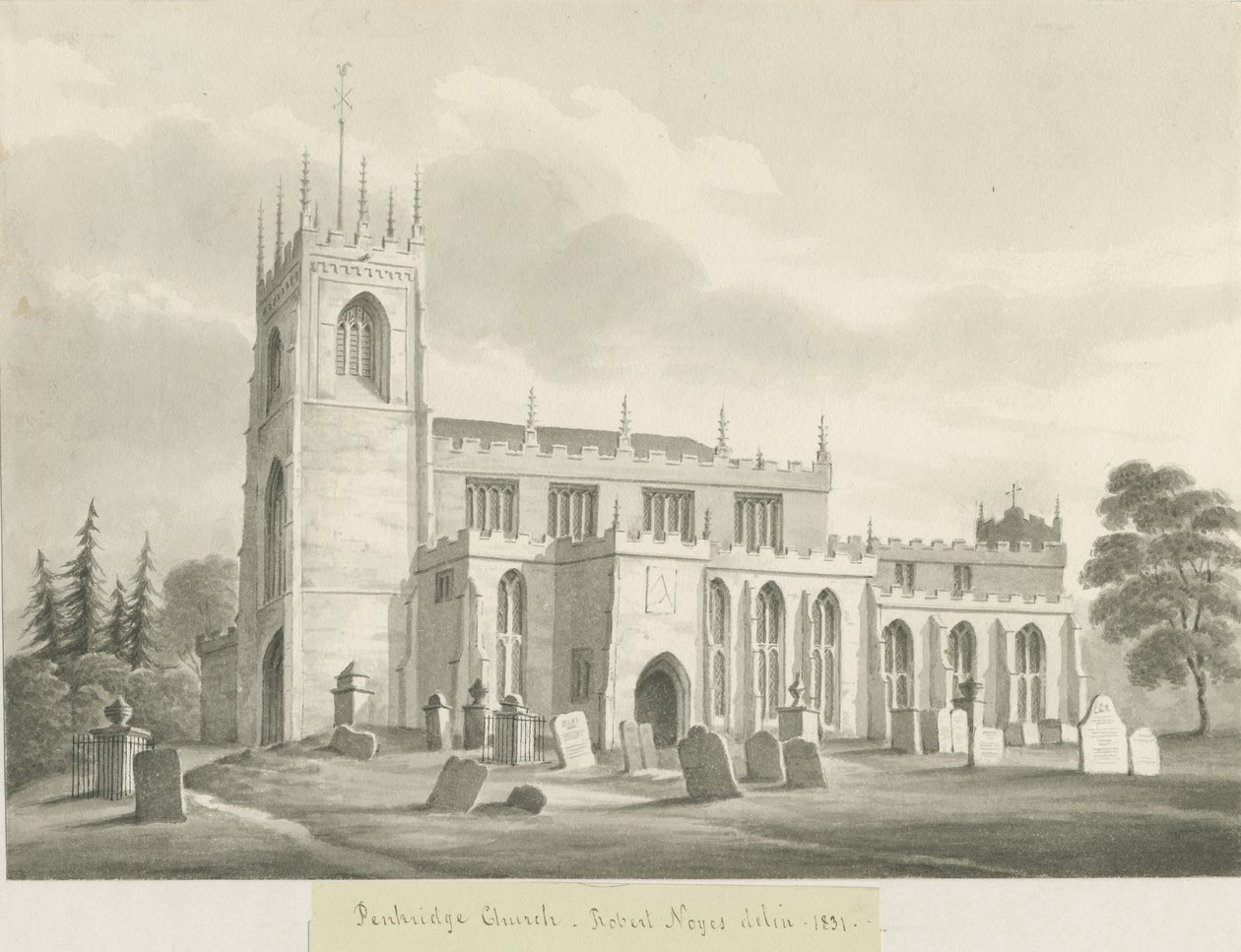 Penkridge Church: sepia vask tegning, 1831 af Robert Noyes