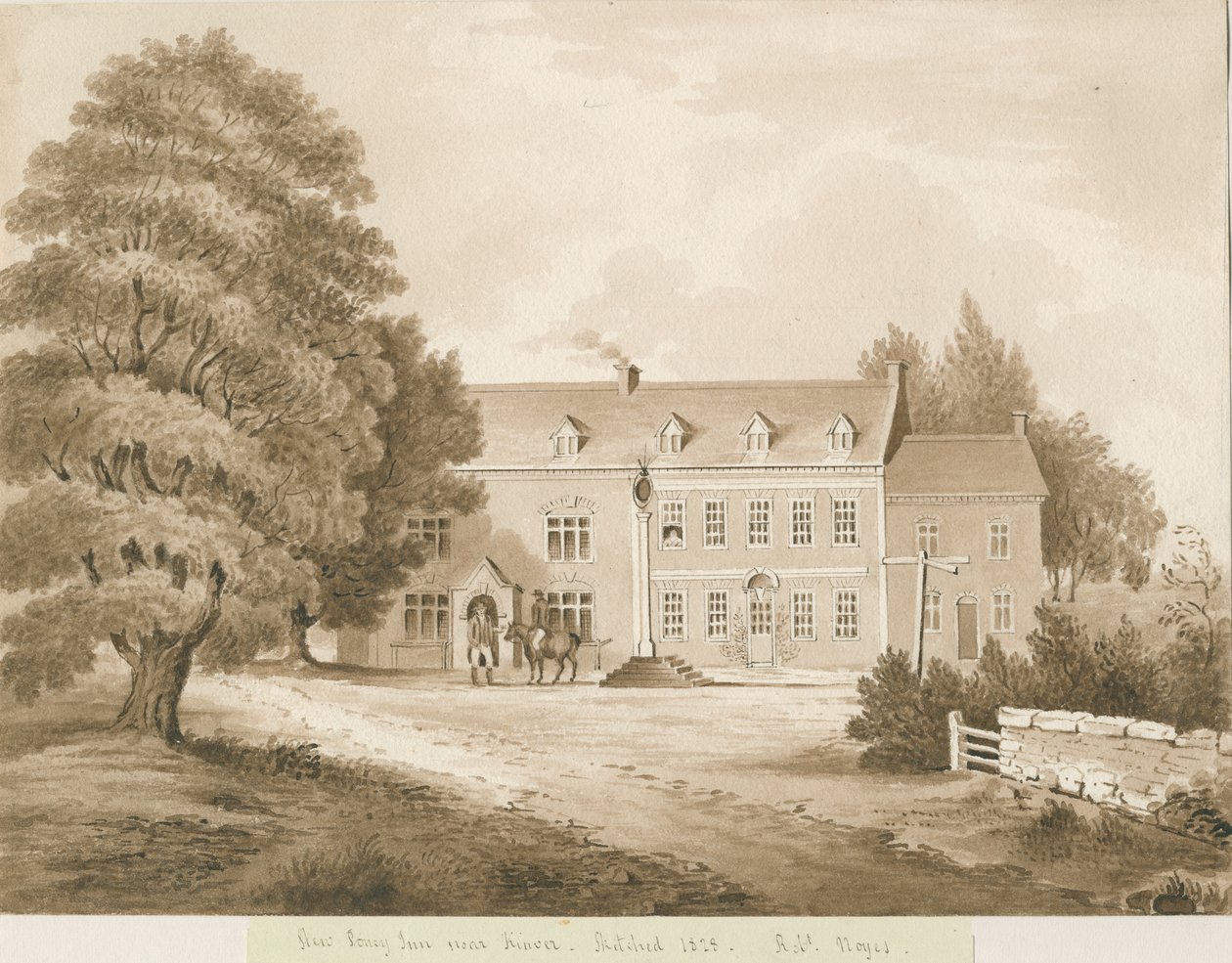 Stourton - "Stew Poney Inn near Kinver": sepia vask tegning, 1828 af Robert Noyes