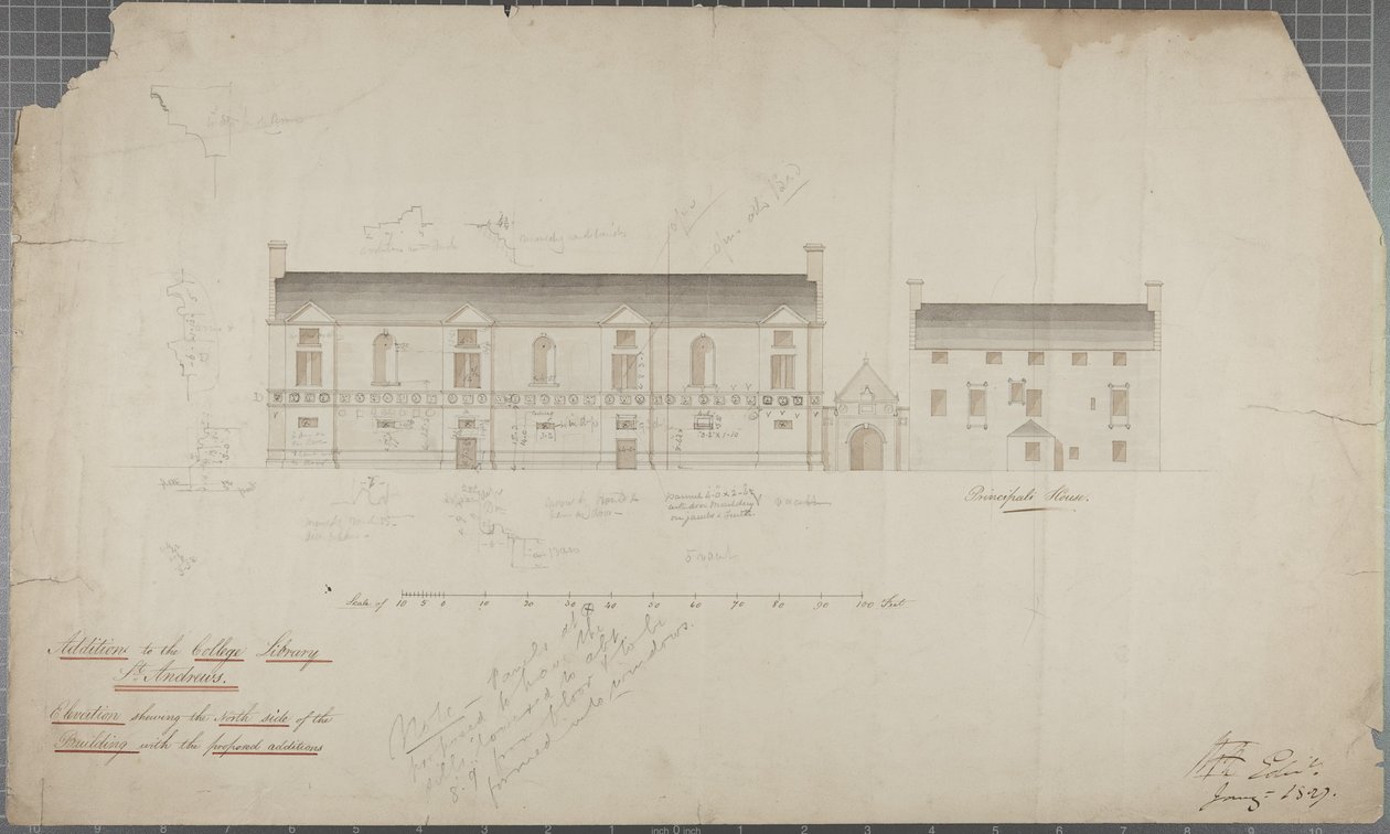 Arkitekttegning af Universitetsbiblioteket, 1827 (blyant & wc på papir) af Robert Payton Reid