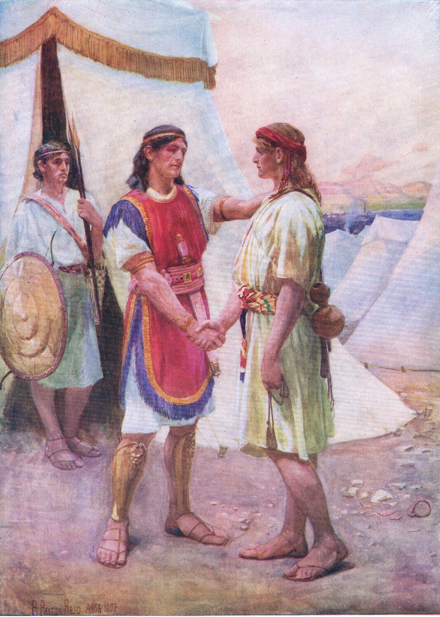 David og Jonathan, fra Bibelens billedbog udgivet af Thomas Nelson, ca. 1950 (litho) af Robert Payton Reid