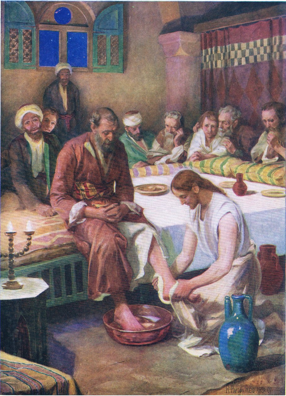 Jesus vasker disciplenes fødder, fra The Bible Picture Book udgivet af Thomas Nelson, ca.1950 af Robert Payton Reid