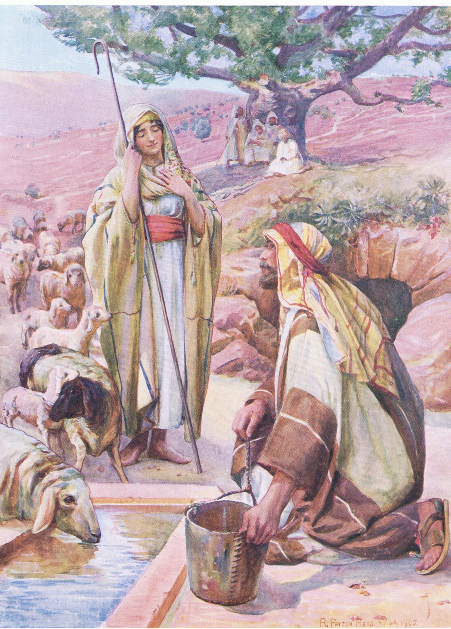 Rakel ved brønden, fra The Bible Picture Book udgivet af Thomas Nelson, ca.1950 af Robert Payton Reid
