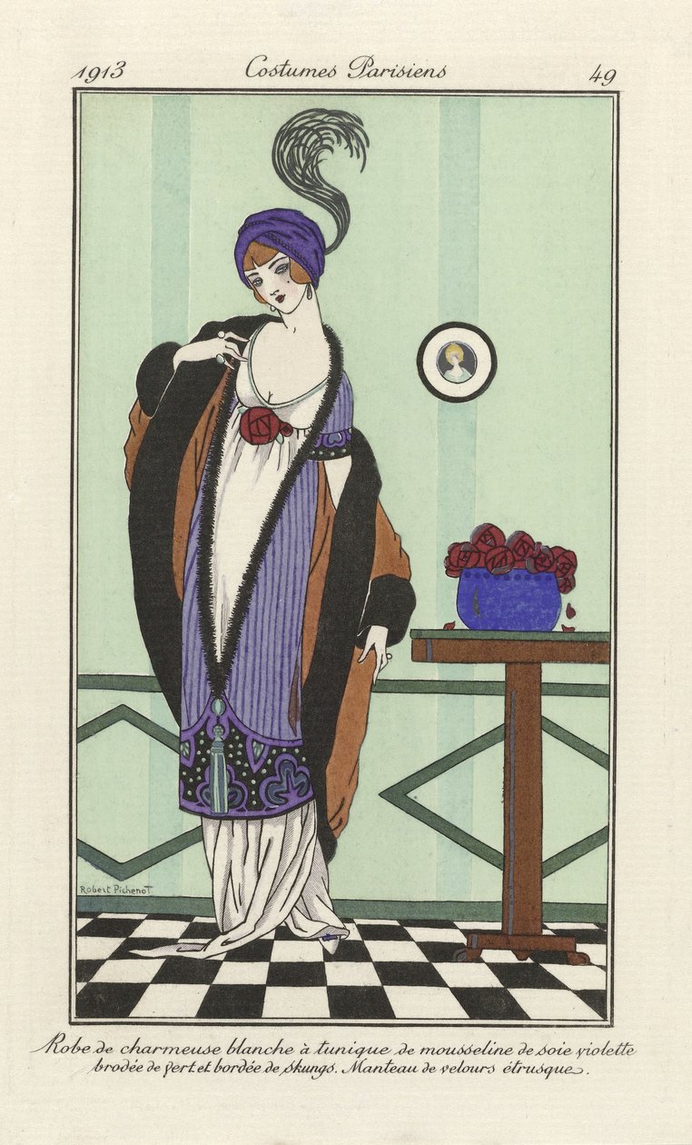 Hvid charmeuse kjole med lilla silke chiffon tunika broderet i grøn kantet med skunger. Etruskisk fløjlsfrakke, fra Costumes Parisiens, pub. 1913 (stenciltryk) af Robert Pichenot