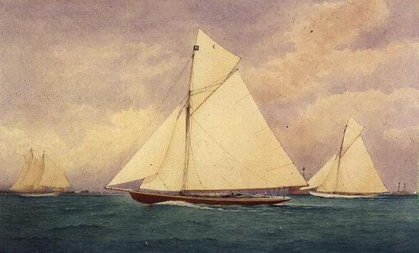 Racing Yacht "Niagara" i Solent, Hurst Point Beyond af Robert Pritchett