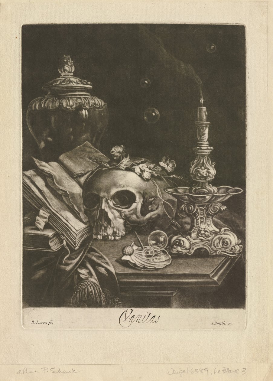 Vanitas Still Life, ca. 1685-88 (mezzotint med burin arbejde) af Robert Robinson