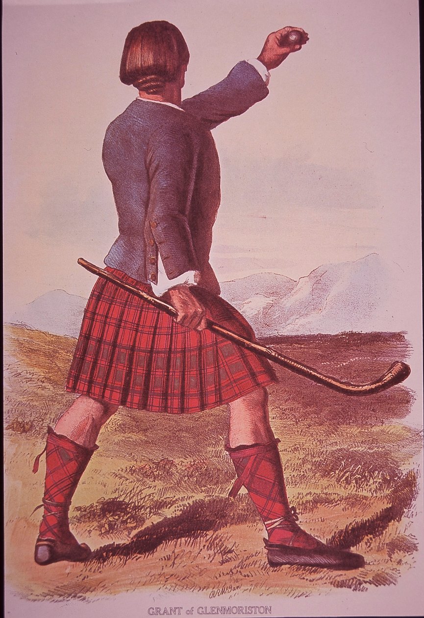 Clansman of Grant of Glenmoriston spiller shinty (farve litho) af Robert Ronald (after) McIan