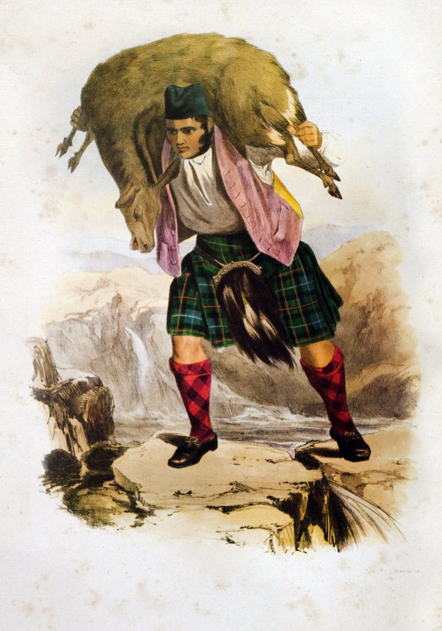 En skotsk klankriger Mac Rae med et får på skuldrene - Robert Ronald McIans litografi fra "The Clans of The Scottish Highlands"" 1845 af Robert Ronald McIan