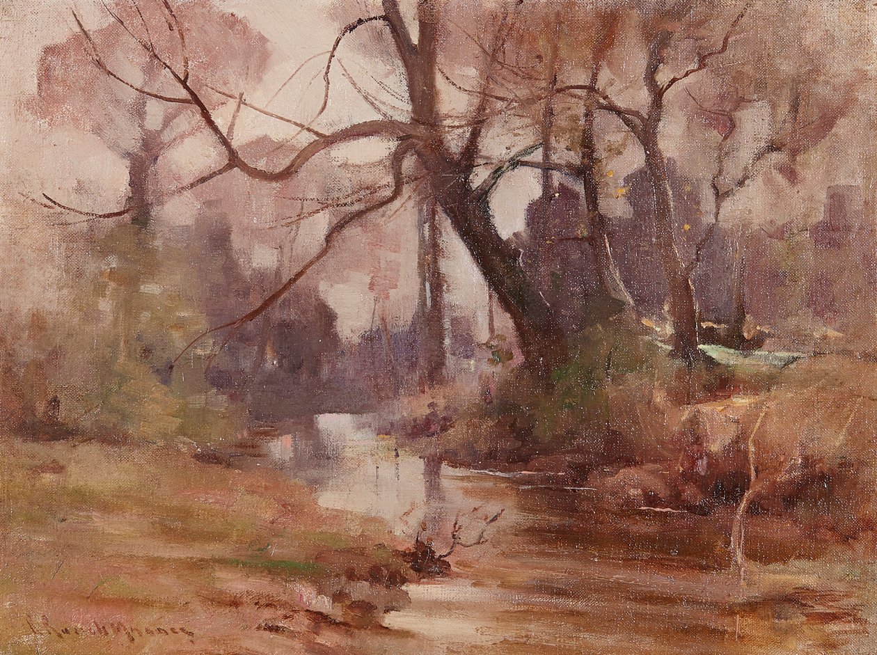 En stille lysning ved floden (olie på lærred) af Robert Russell MacNee