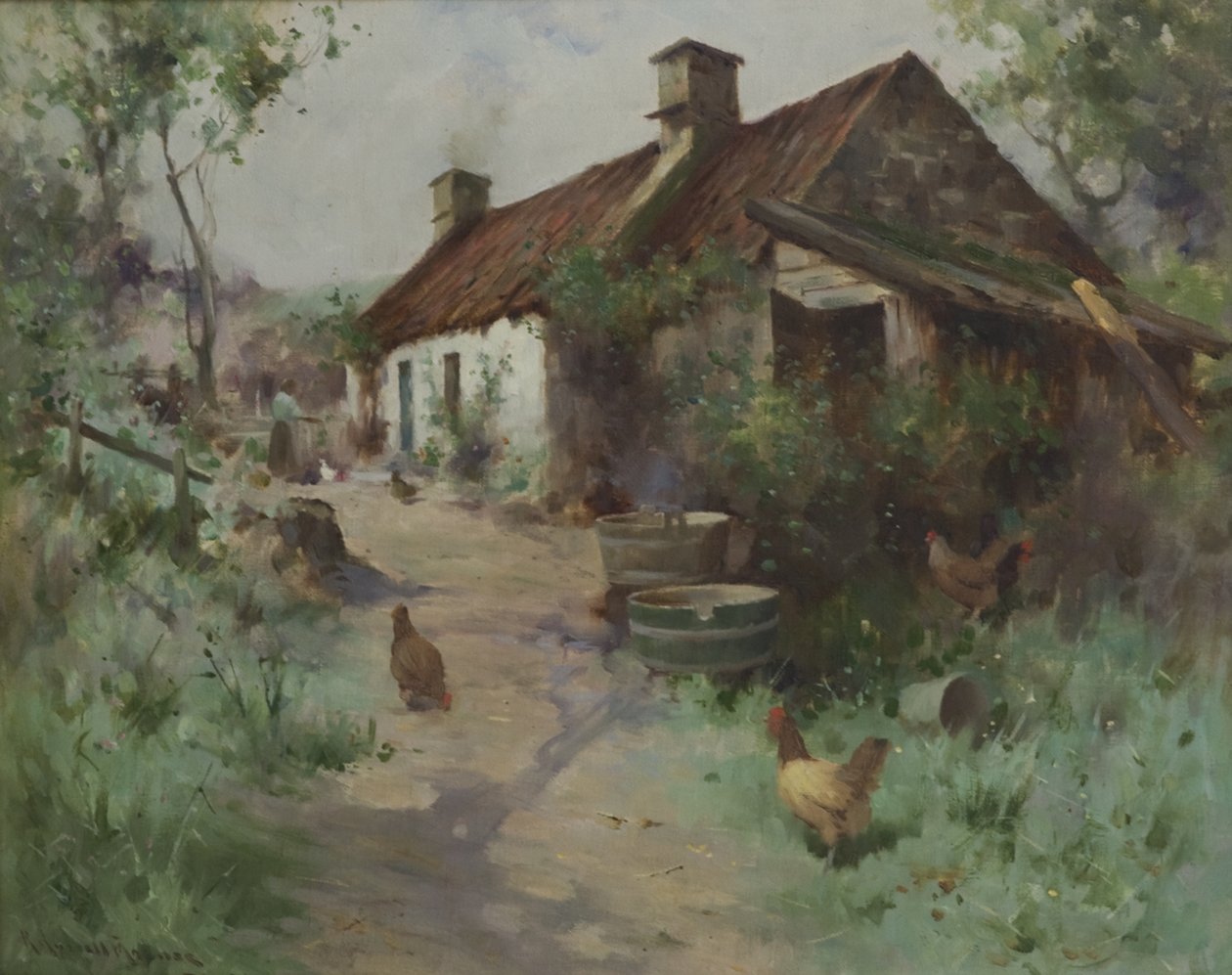 Bothy med fjerkræ (olie på lærred) af Robert Russell MacNee