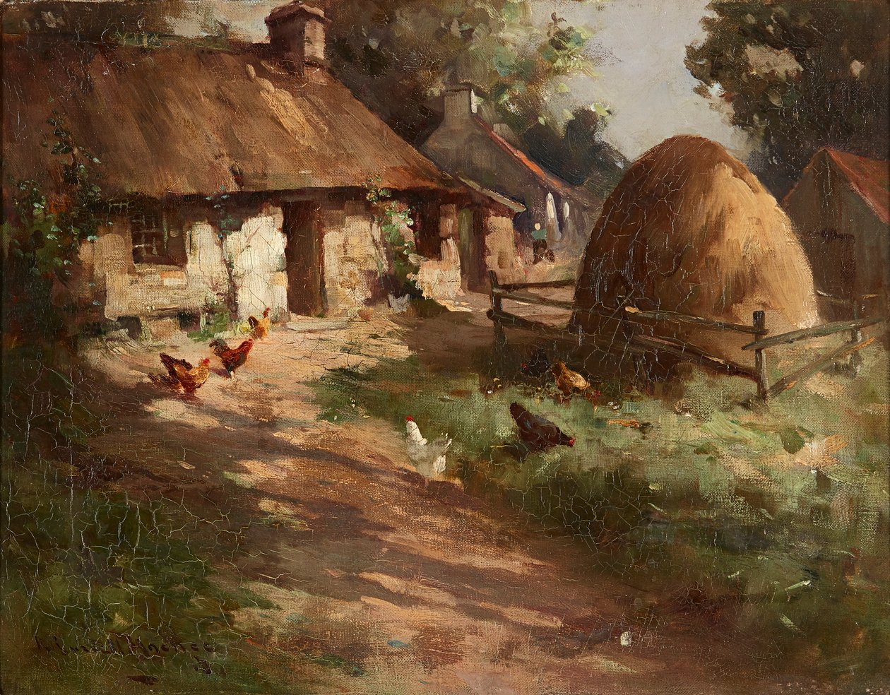 Høns ved en høstak (olie på lærred) af Robert Russell MacNee