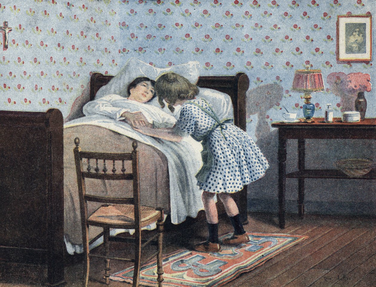 En lille pige ved sengen af sin syge mor venter på sin krig. Illustration af Robert Salles (1871-1929) i "" Je sais Lire"". af Robert Salles