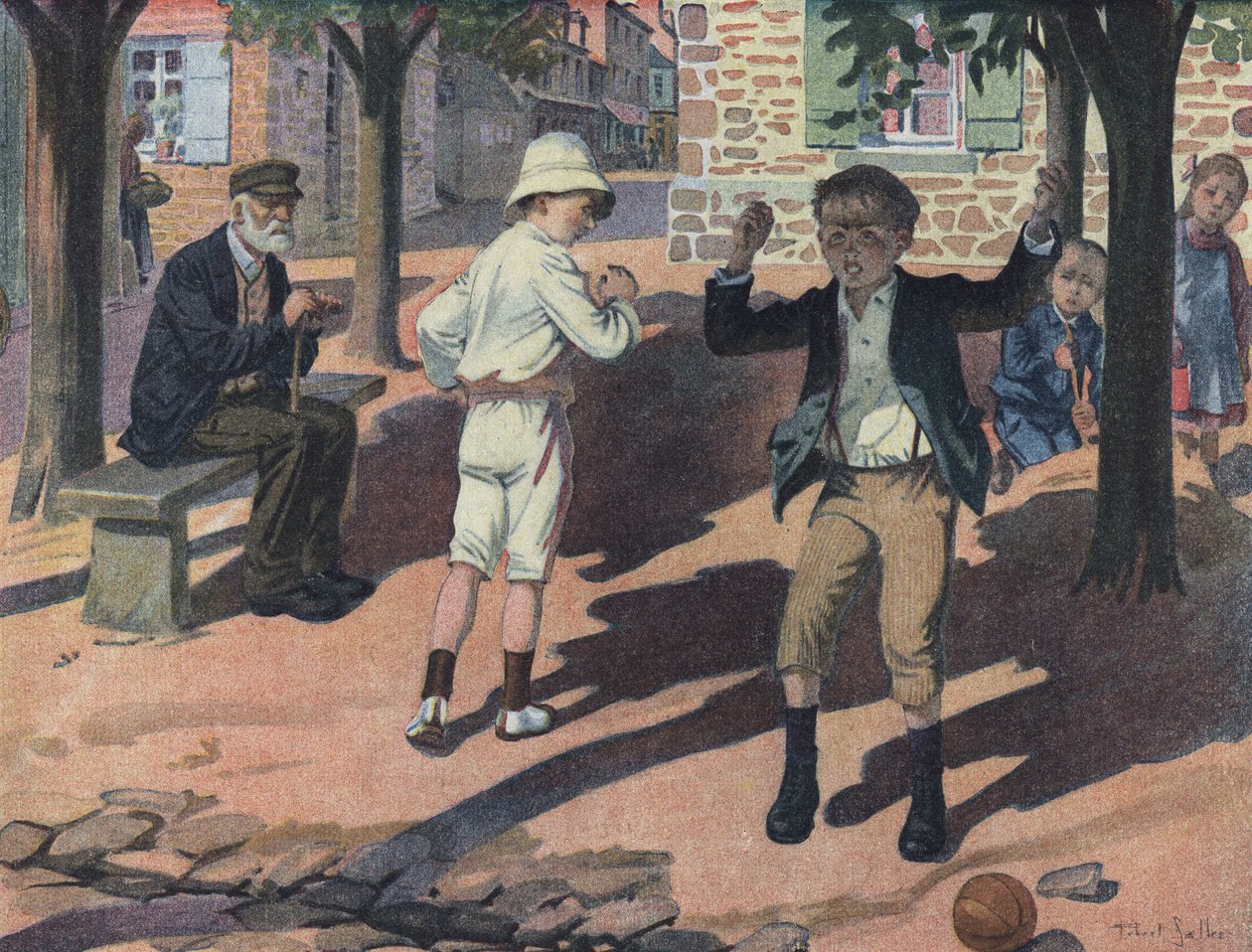 En ung dreng bliver vred under et spil med sine kammerater (dårlig spiller). Illustration af Robert Salles (1871-1929) i "" Je sais Lire"". af Robert Salles