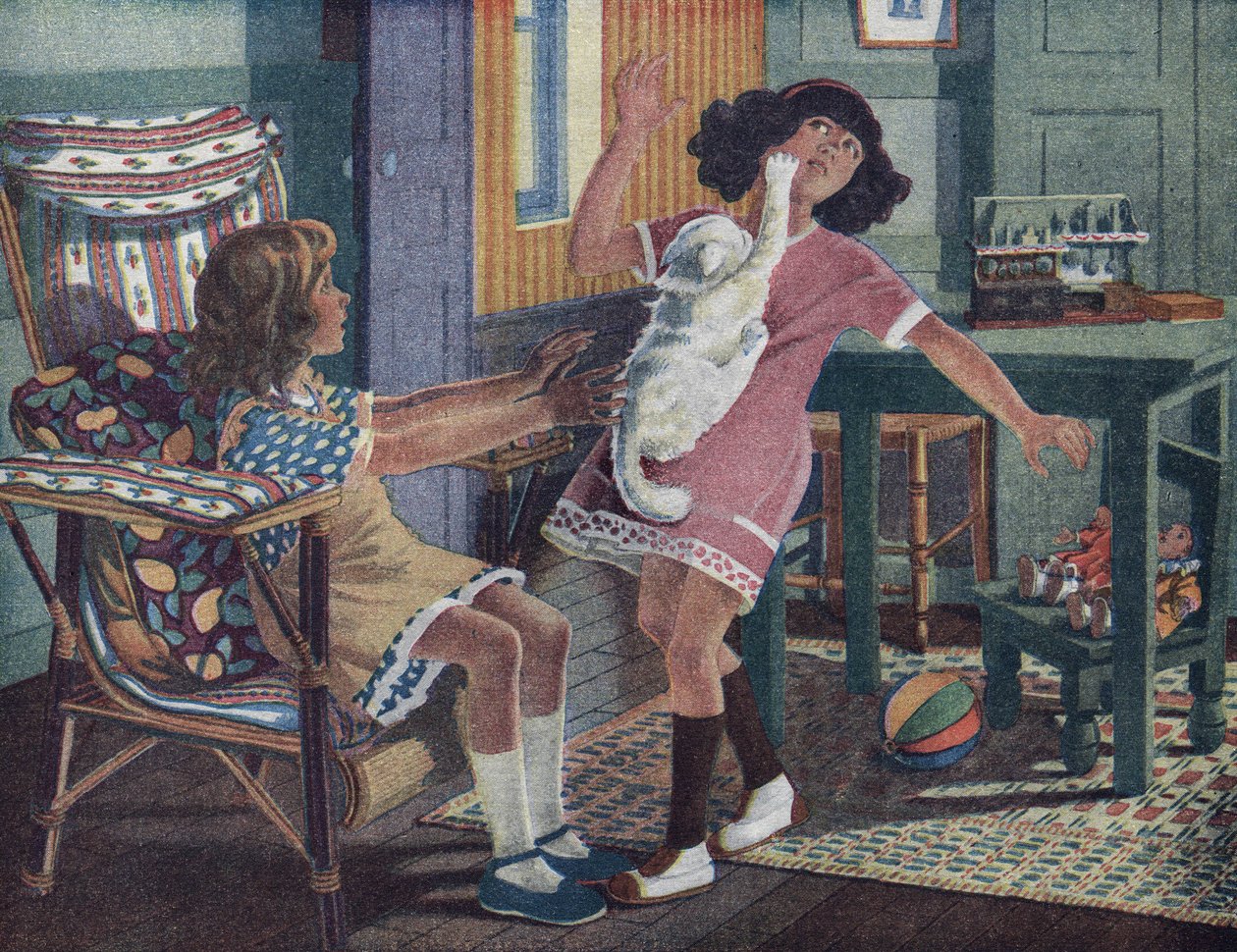Annettes lille kat: en hvid kat klør ansigtet på en lille pige, der leger med sin veninde. Illustration af Robert Salles (1871-1929) i "" Je sais Lire"". af Robert Salles