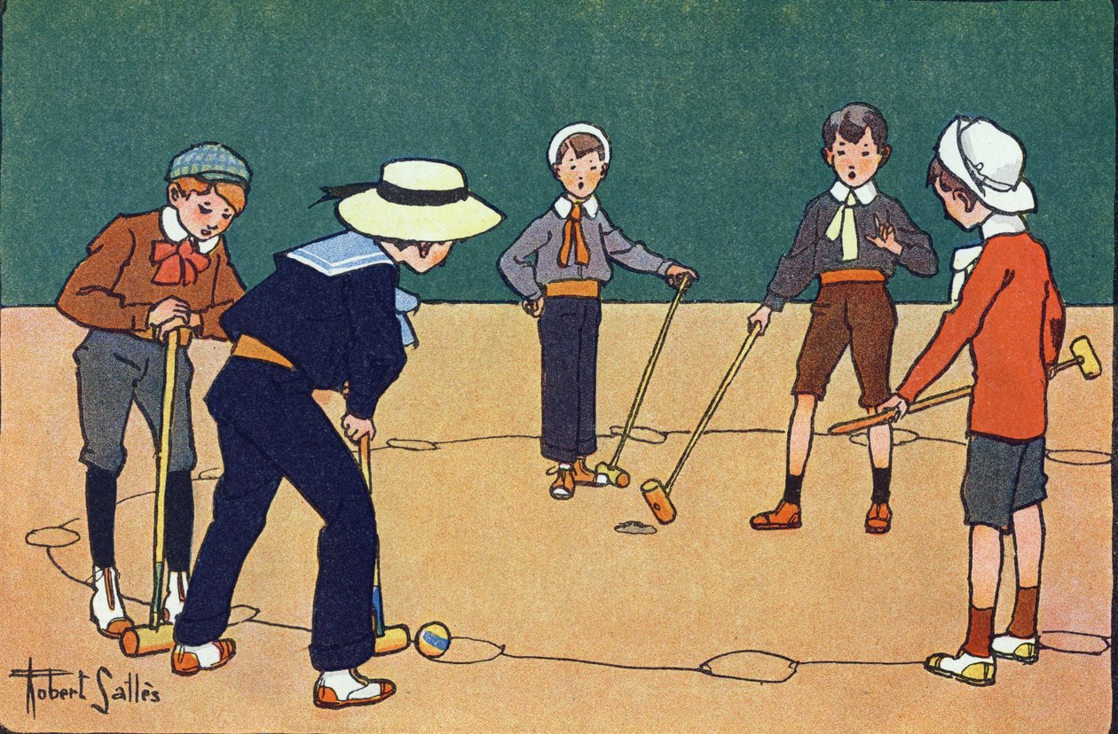 Bold efter timer (færdighedsspil med bolde og klubber). Indgravering i "" Hvad spiller vi? “” af E. Weber med akvareltegninger af Robert Salles (1871-1929). Librairie Garnier Freres, Paris af Robert Salles