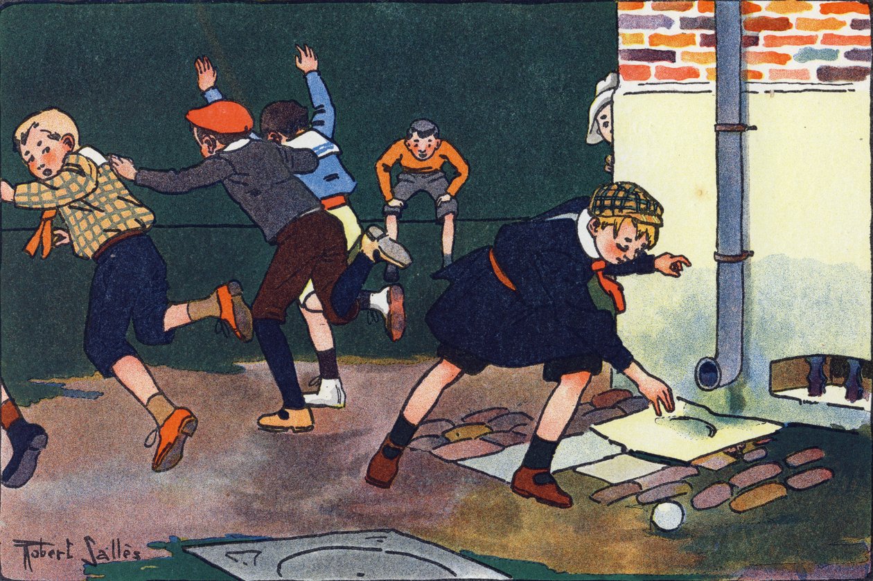 Kugle mod væggen. Indgravering i "" Hvad spiller vi? “” af E. Weber med akvareltegninger af Robert Salles (1871-1929). Librairie Garnier Freres, Paris af Robert Salles