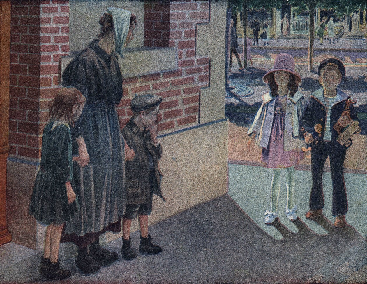 Velgørenhed: en mor og hendes to børn beder om alumone fra en ung dreng og en ung pige på gaden, som vil give dem deres sparepenge og legetøj. Illustration af Robert Salles (1871-1929) i "" Je sais Lire"". af Robert Salles
