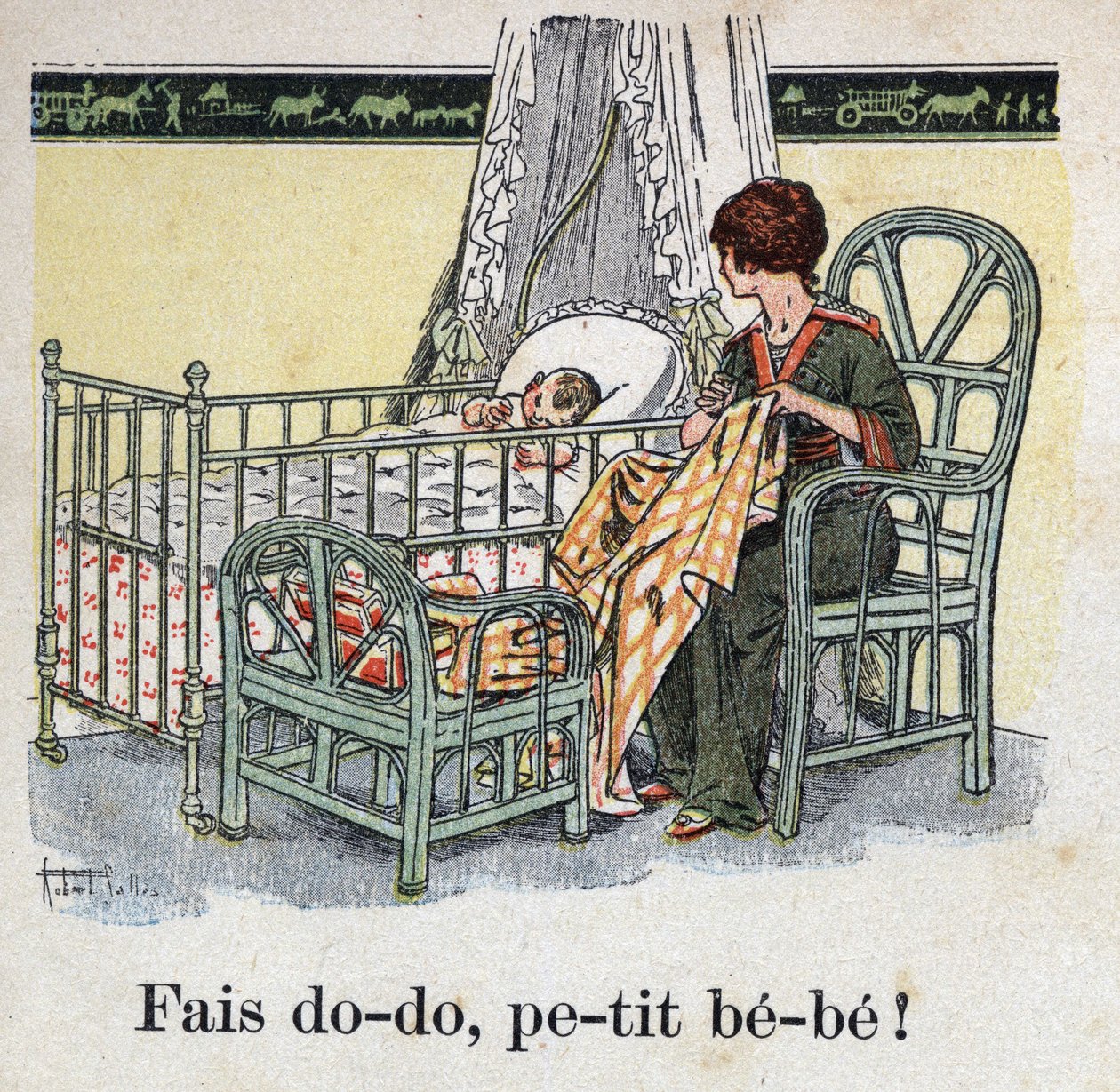 Børnebog "" Jeg vil læse - Metodisk og sjovt alfabet af en far""" 1926. Illustration af Robert Salles (1871-1929). "" Sov, baby baby! "". En mor syr på sit barns værelse og venter på, at hendes baby skal sove. af Robert Salles
