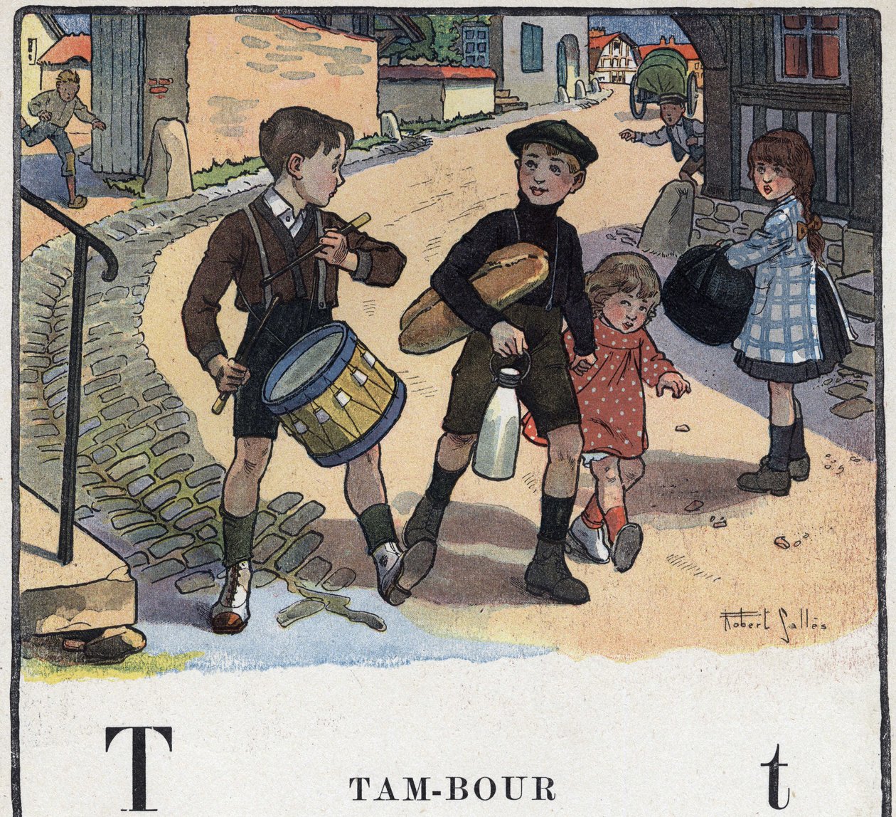 Børnebog "" Jeg vil læse - Metodisk og sjovt alfabet af en far""" 1926. Illustration af Robert Salles (1871-1929). Abecedary: bogstavet T som tromme. af Robert Salles