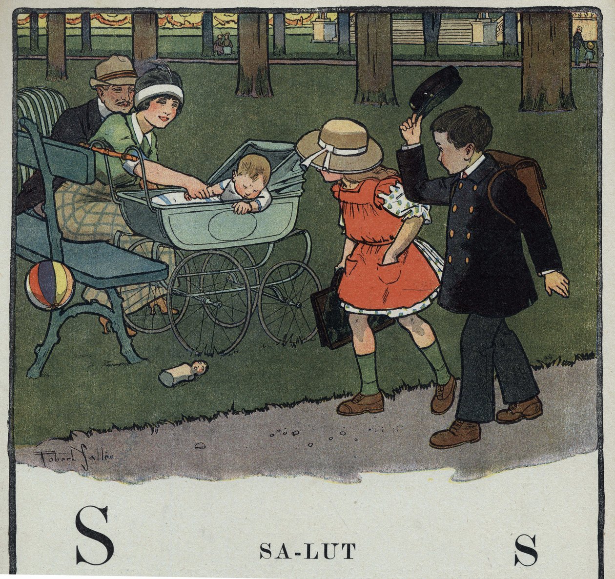 Børnebog "" Jeg vil læse - Metodisk og sjovt alfabet af en far""" 1926. Illustration af Robert Salles (1871-1929). Abecedary: bogstavet S som Salut. En dreng hilser på et par og deres baby ved at løfte sin kasket. af Robert Salles
