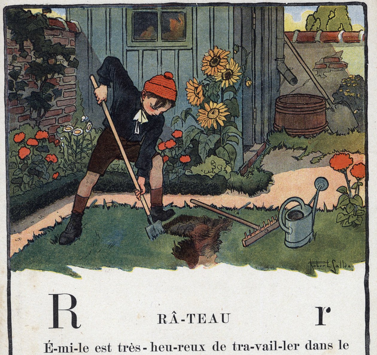 Børnebog "" Jeg vil læse - Metodisk og sjovt alfabet af en far""" 1926. Illustration af Robert Salles (1871-1929). Abecedaire: bogstavet R som Rake. En drengs have i haven til sit hus. af Robert Salles