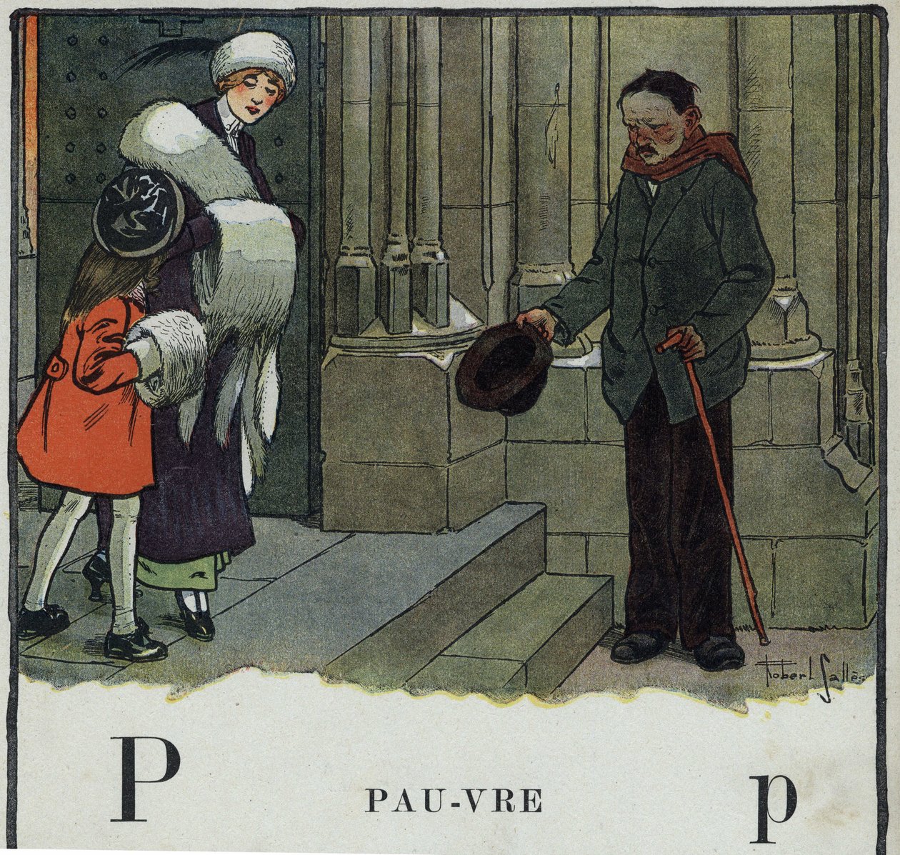 Børnebog "" Jeg vil læse - Metodisk og sjovt alfabet af en far""" 1926. Illustration af Robert Salles (1871-1929). Abecedaire: bogstav P som fattig. En tigger klarer ærmet uden for kirken. af Robert Salles