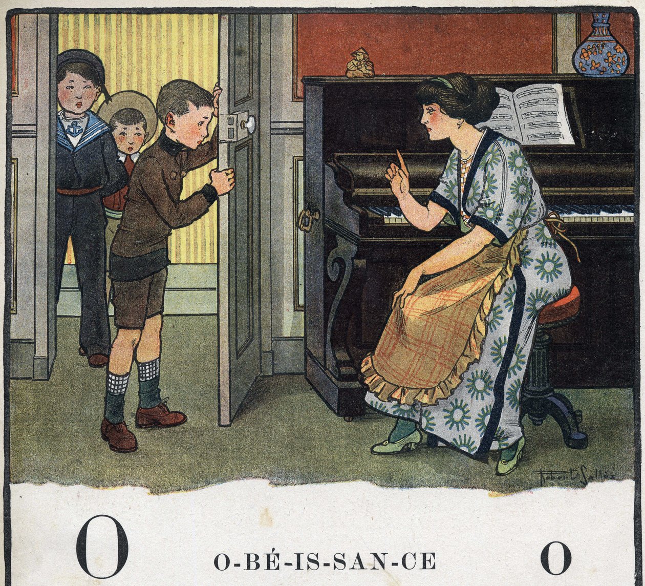 Børnebog "" Jeg vil læse - Metodisk og sjovt alfabet af en far""" 1926. Illustration af Robert Salles (1871-1929). Abecedary: bogstav O som Lydighed. En mor skælder sine drenge ud. af Robert Salles