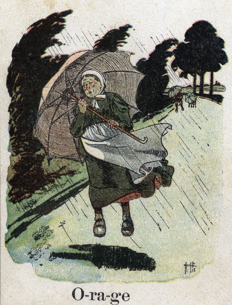 Børnebog "" Jeg vil læse - Metodisk og sjovt alfabet af en far""" 1926. Illustration af Robert Salles (1871-1929). "" Storm"": en kvinde i regnskjulerne med sin paraply. af Robert Salles