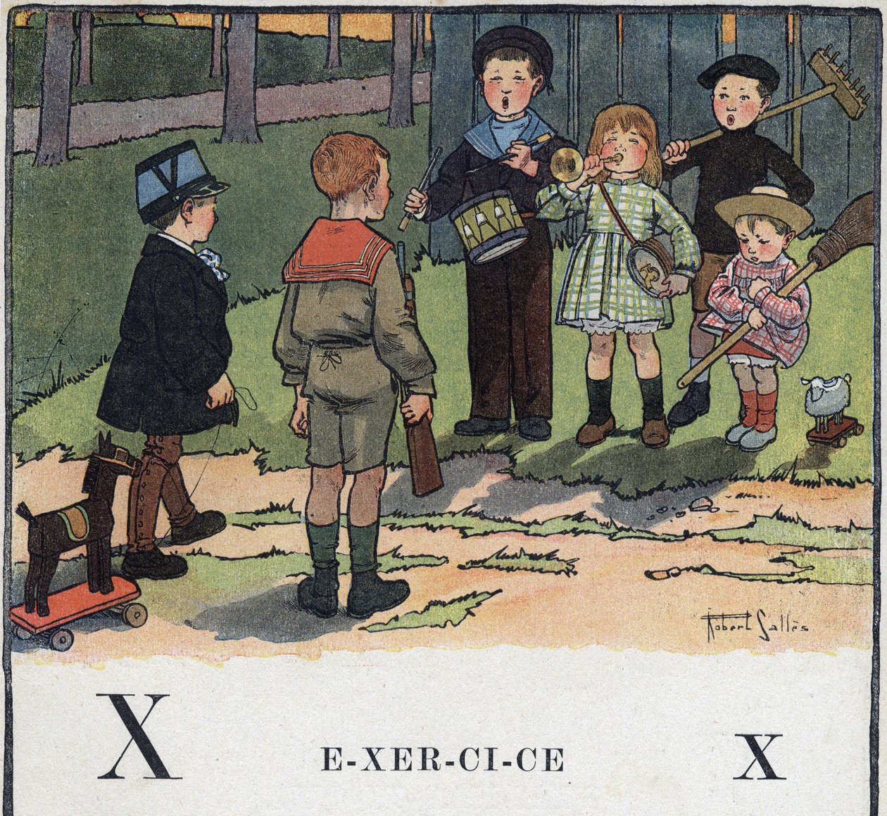 Børnebog "" Jeg vil læse - Metodisk og sjovt alfabet af en far""" 1926. Illustration af Robert Salles (1871-1929). Abecedary: bogstavet X som øvelse. Børn leger militær. af Robert Salles