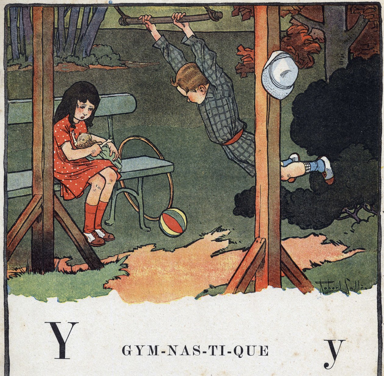 Børnebog "" Jeg vil læse - Metodisk og sjovt alfabet af en far""" 1926. Illustration af Robert Salles (1871-1929). Abecedary: bogstav Y som Gymnastik. En dreng trapez, mens en pige leger en dukke. af Robert Salles
