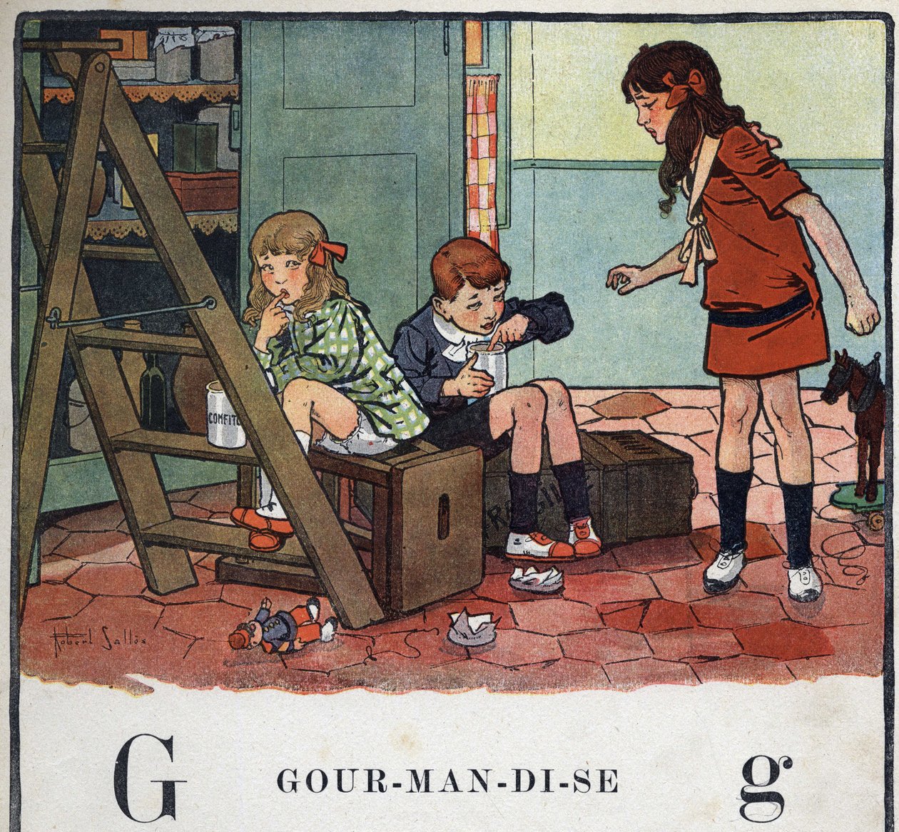 Børnebog "" Jeg vil læse - Metodisk og sjovt alfabet af en far""" 1926. Illustration af Robert Salles (1871-1929). Abecedary: bogstavet G som Gourmandise. Pige og drenge spiser kandiseret frugt i hemmelighed. af Robert Salles