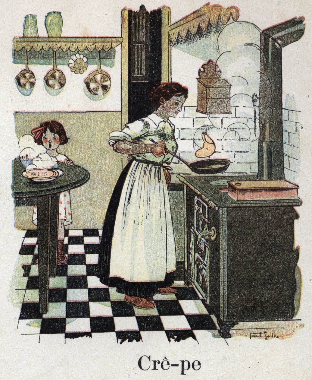 Børnebog "" Jeg vil læse - Metodisk og sjovt alfabet af en far""" 1926. Illustration af Robert Salles (1871-1929). Mor blæser crepes i gryden. af Robert Salles