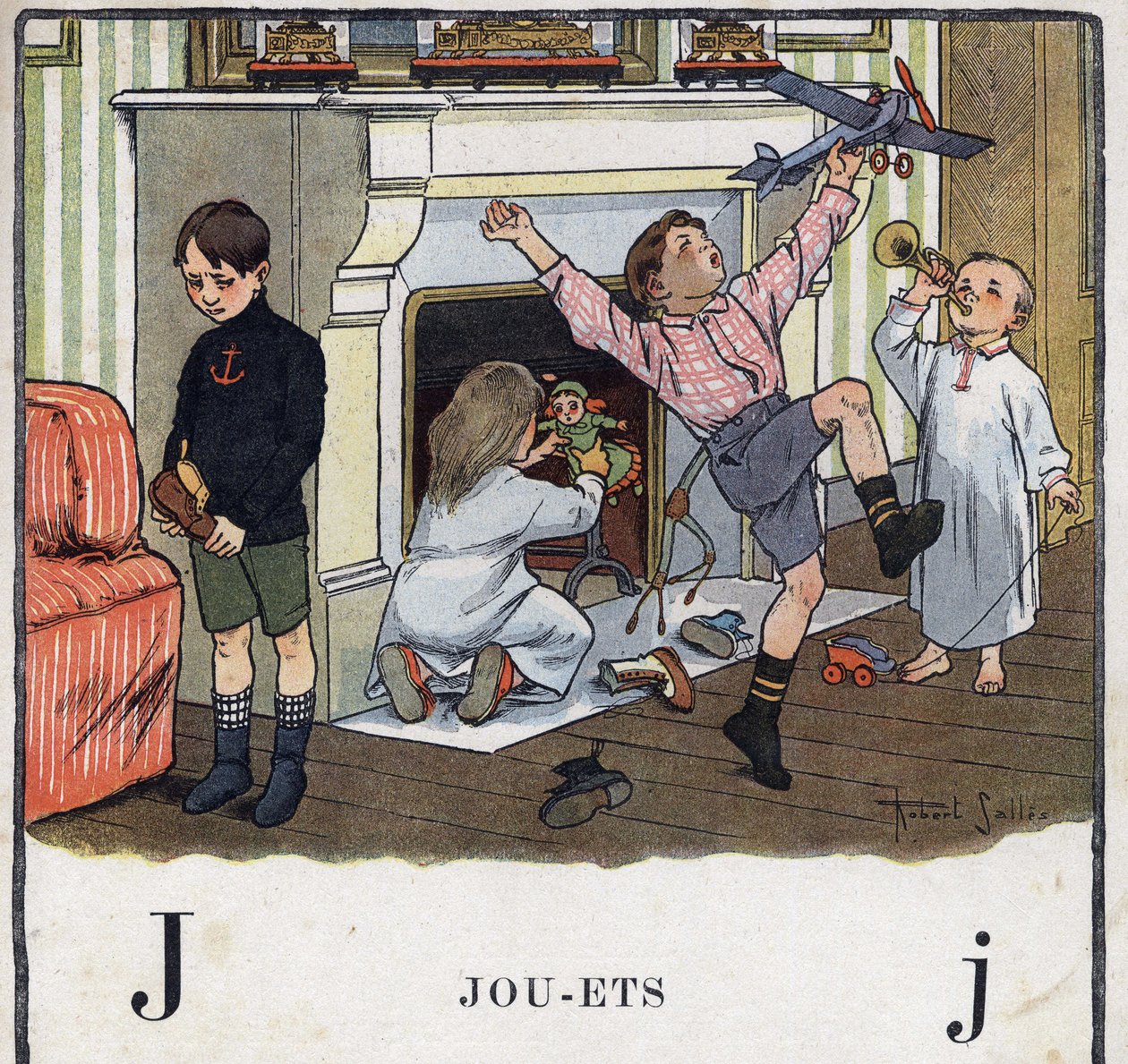 Børnebog "" Jeg vil læse - Metodisk og sjovt alfabet af en far""" 1926. Illustration af Robert Salles (1871-1929). Abecedaire: bogstavet J som legetøj. Børn har fået legetøj i skoene og hygger sig med dem. Et af børnene fik ikke en gave i hej af Robert Salles