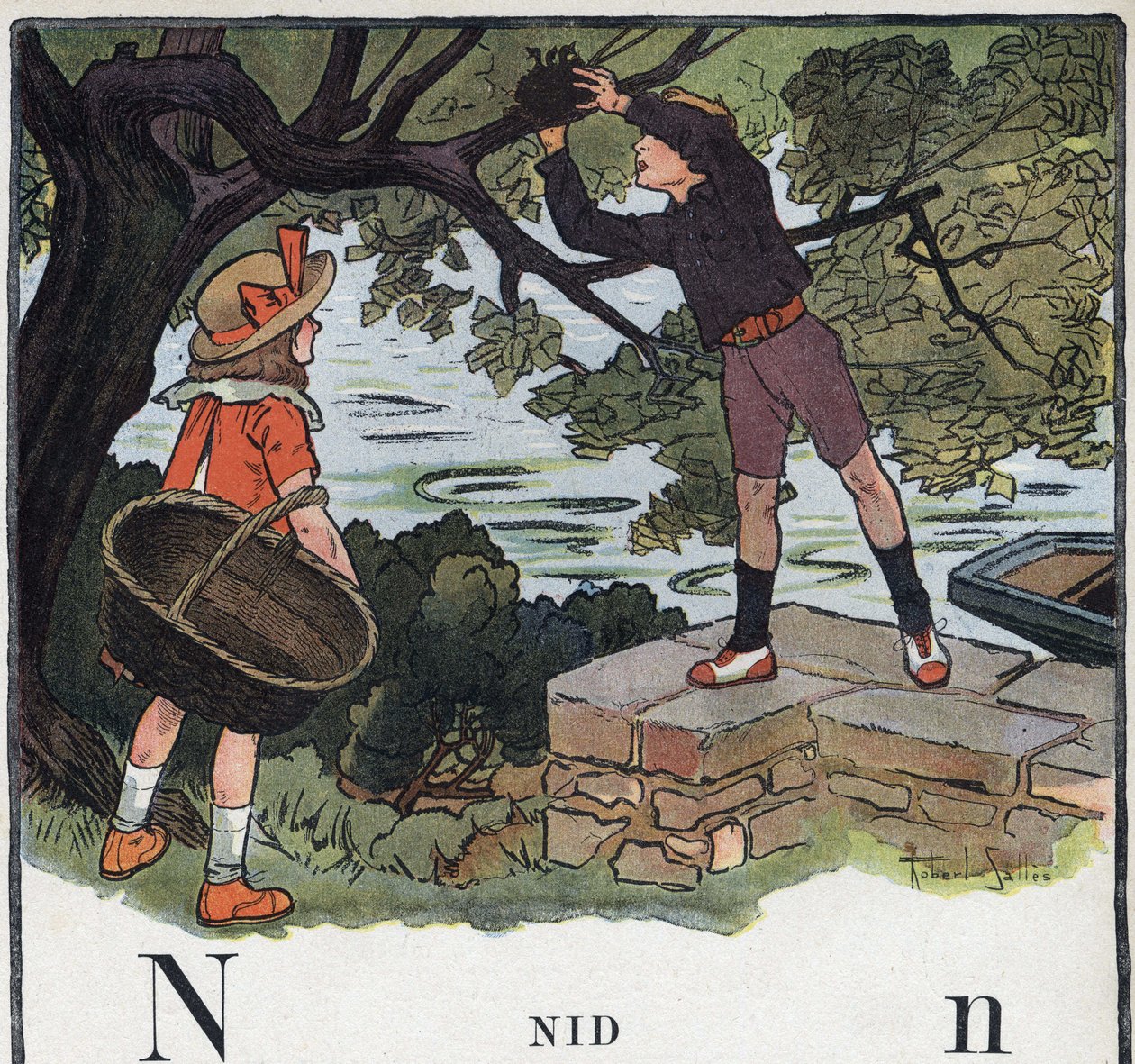 Børnebog "" Jeg vil læse - Metodisk og sjovt alfabet af en far""" 1926. Illustration af Robert Salles (1871-1929). Abecedary: bogstavet N som Nest. En dreng tager en rede bygget på et træ. af Robert Salles