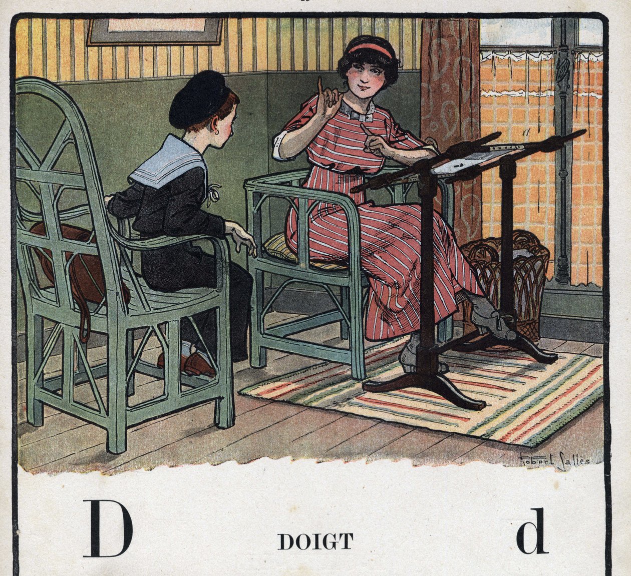 Børnebog "" Jeg vil læse - Metodisk og sjovt alfabet af en far""" 1926. Illustration af Robert Salles (1871-1929). Abecedary: bogstav D som Finger. En mor forklarer sin søn broderiet. af Robert Salles