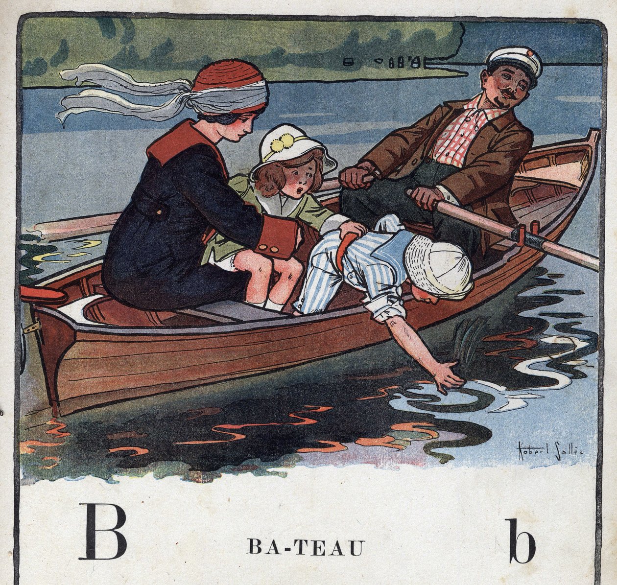 Børnebog "" Jeg vil læse - Metodisk og sjovt alfabet af en far""" 1926. Illustration af Robert Salles (1871-1929). Abecedaire: bogstav B som båd. En familie i en båd går en tur. af Robert Salles