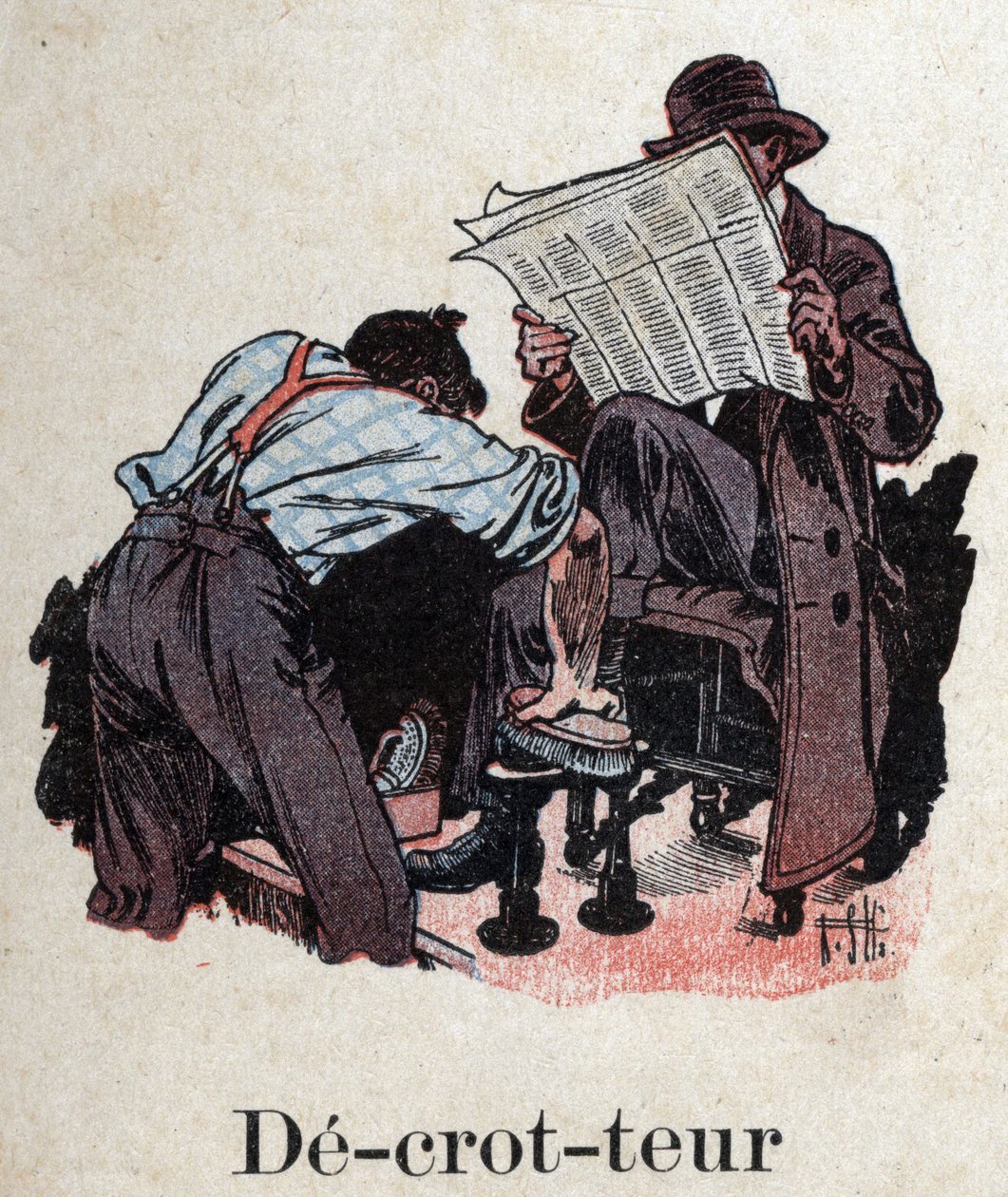 Børnebog "" Jeg vil læse - Metodisk og sjovt alfabet af en far""" 1926. Illustration af Robert Salles (1871-1929). "" Decrotteur"": en skopudsning renser skoene på en kunde, der læser avisen. af Robert Salles