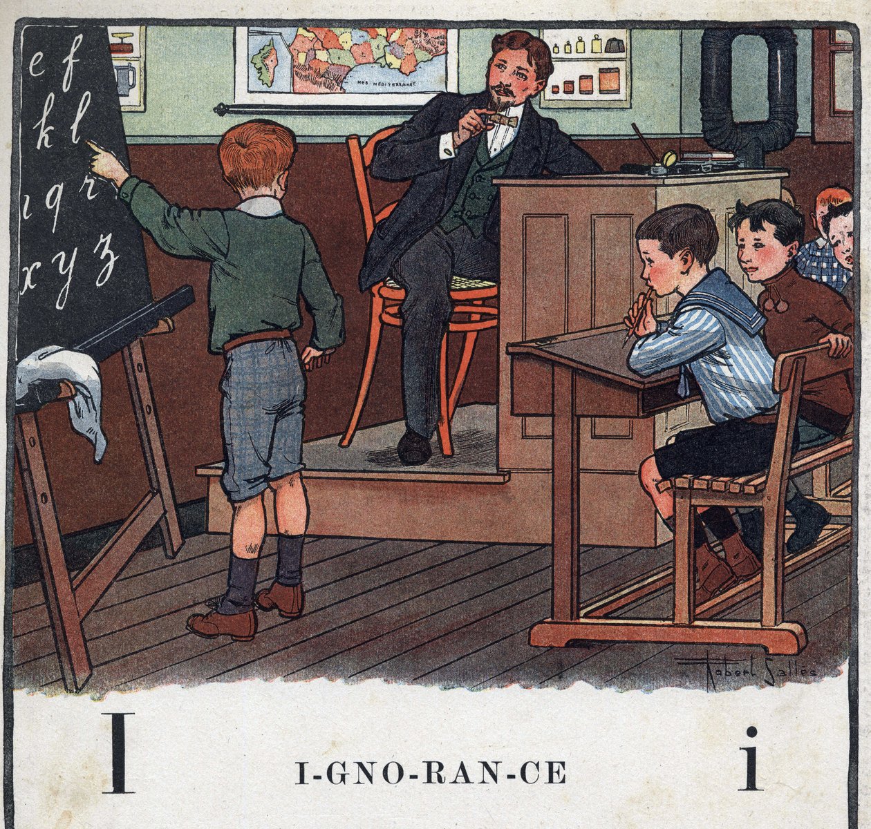 Børnebog "" Jeg vil læse - Metodisk og sjovt alfabet af en far""" 1926. Illustration af Robert Salles (1871-1929). Abecedary: bogstav I som Uvidenhed. En dreng reciterer alfabetet på tavlen. af Robert Salles