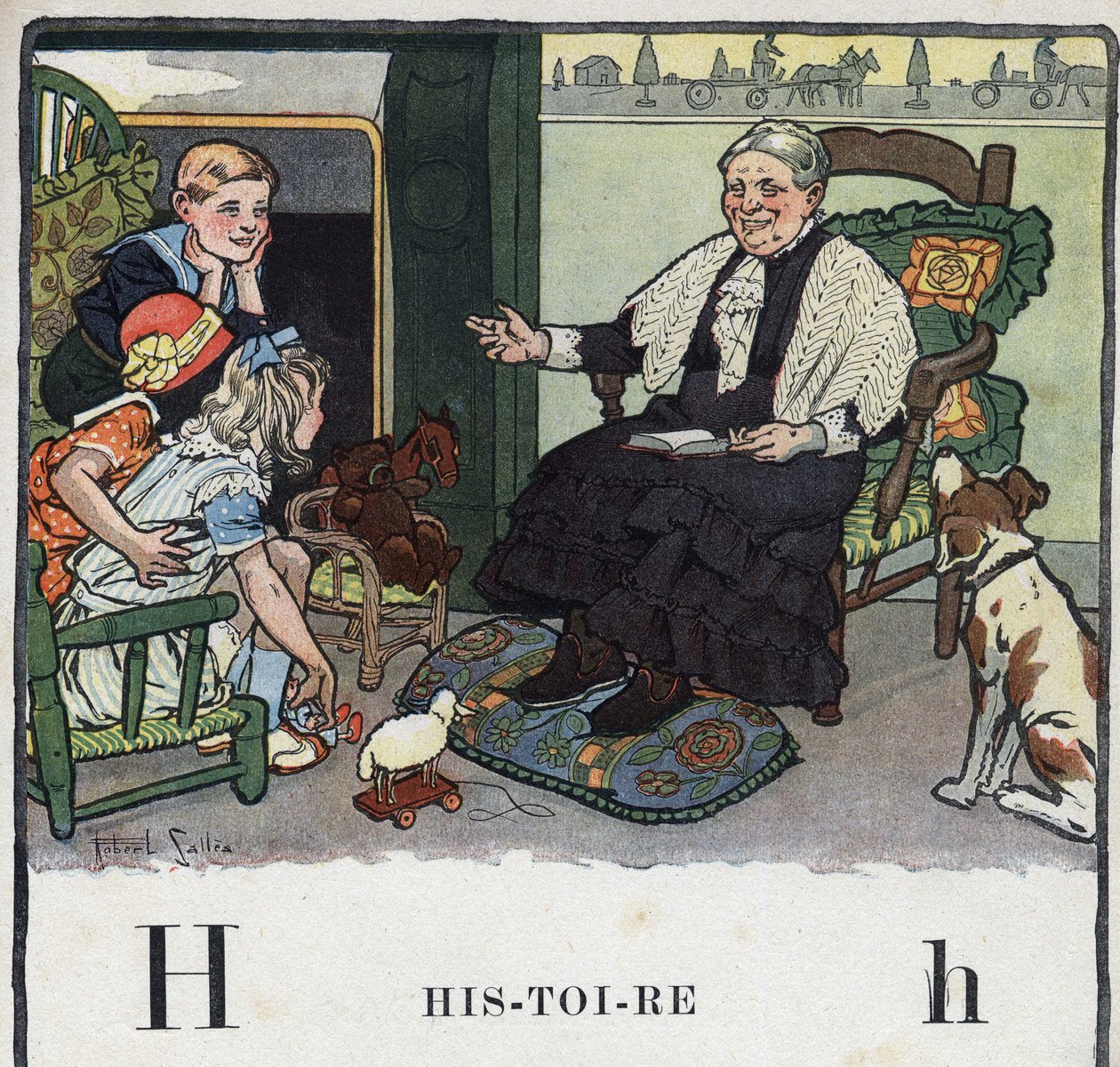 Børnebog "" Jeg vil læse - Metodisk og sjovt alfabet af en far""" 1926. Illustration af Robert Salles (1871-1929). Abecedaire: bogstavet H som historie. En bedstemor fortæller sine børnebørn historier ved pejsen. af Robert Salles