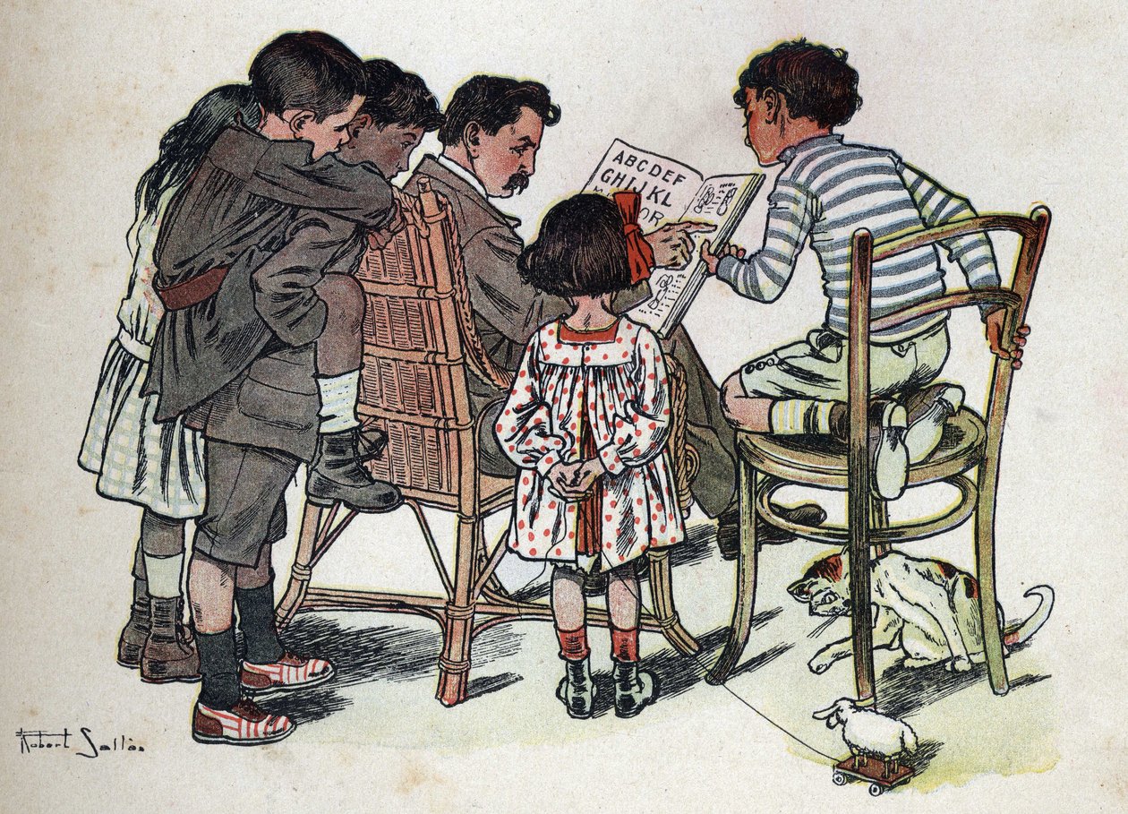 Børnebog "" Jeg vil læse - Metodisk og sjovt alfabet af en far""" 1926. Illustration af Robert Salles (1871-1929). En familiefar lærer børn at læse. af Robert Salles