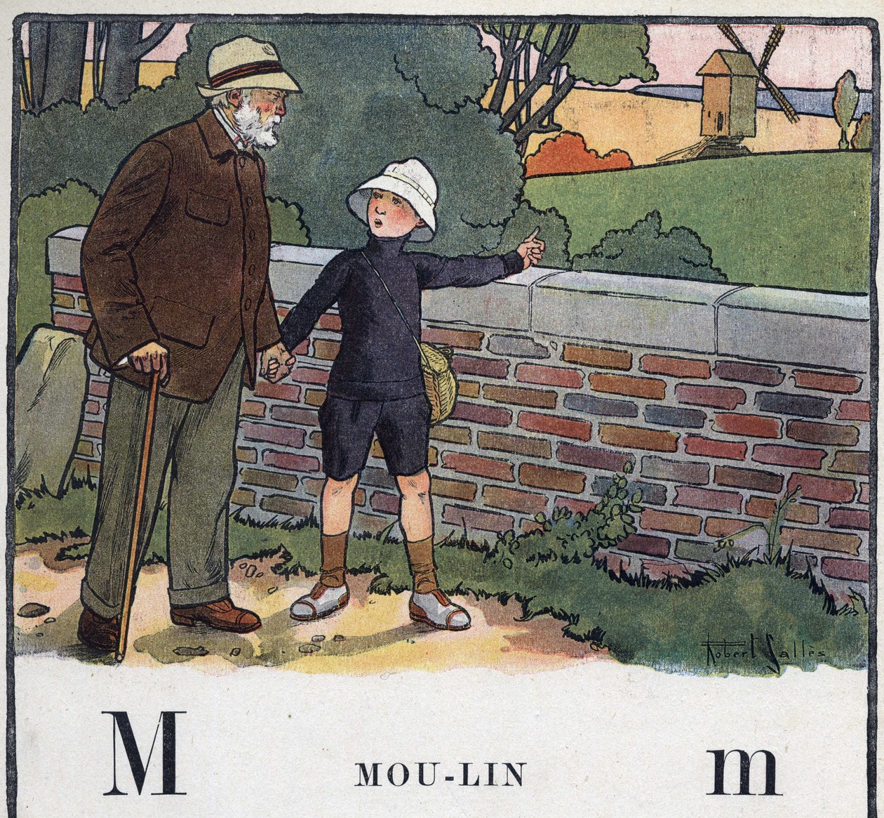 Børnebog "" Jeg vil læse - Metodisk og sjovt alfabet af en far""" 1926. Illustration af Robert Salles (1871-1929). Abecedaire: bogstavet M som Moulin. En dreng går med sin bedstefar. Han peger på en vindmølle. af Robert Salles