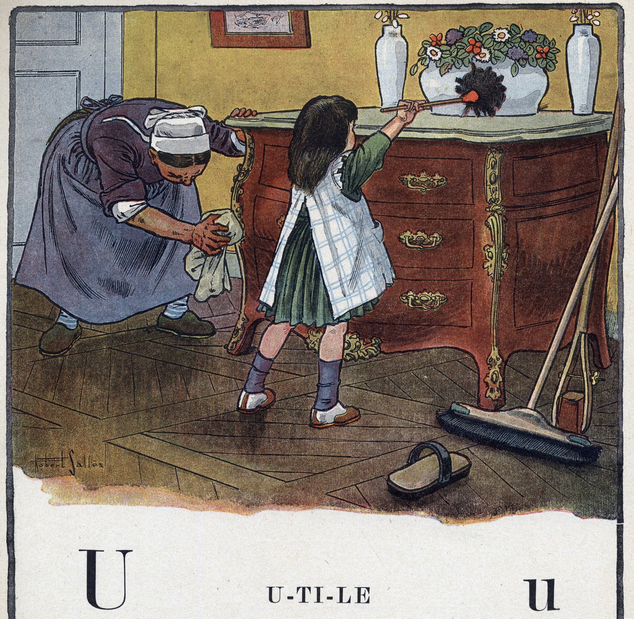 Børnebog "" Jeg vil læse - Metodisk og sjovt alfabet af en far""" 1926. Illustration af Robert Salles (1871-1929). Abecedary: bogstavet U som Nyttigt. En pige hjælper med rengøring og støv. af Robert Salles