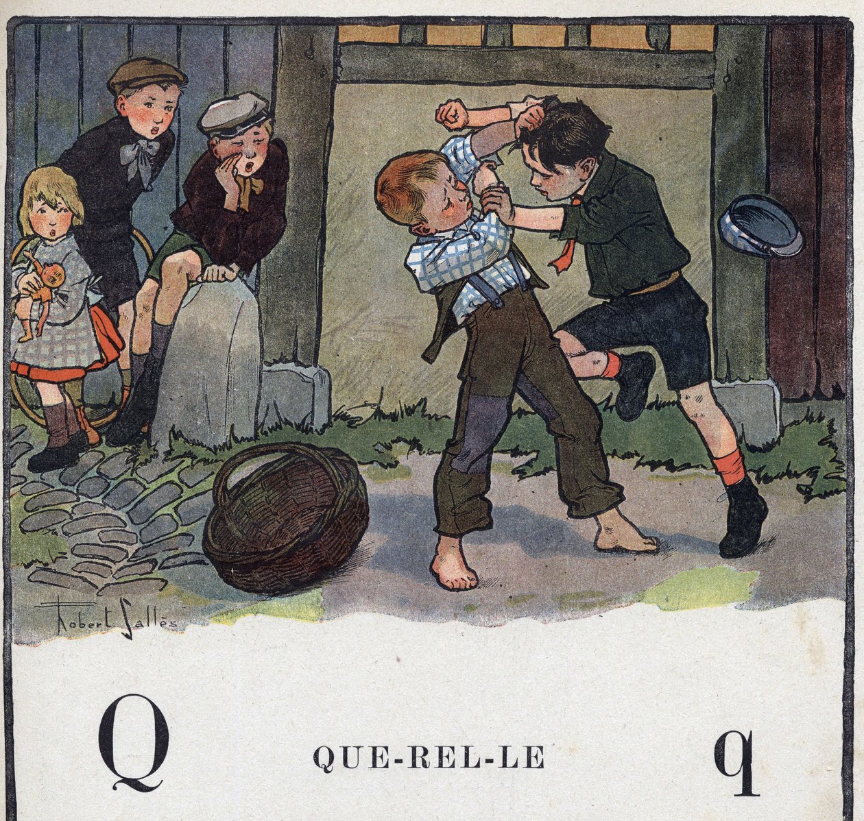 Børnebog "" Jeg vil læse - Metodisk og sjovt alfabet af en far""" 1926. Illustration af Robert Salles (1871-1929). Abecedaire: bogstav Q som Querelle. To drenge slås i gården. af Robert Salles