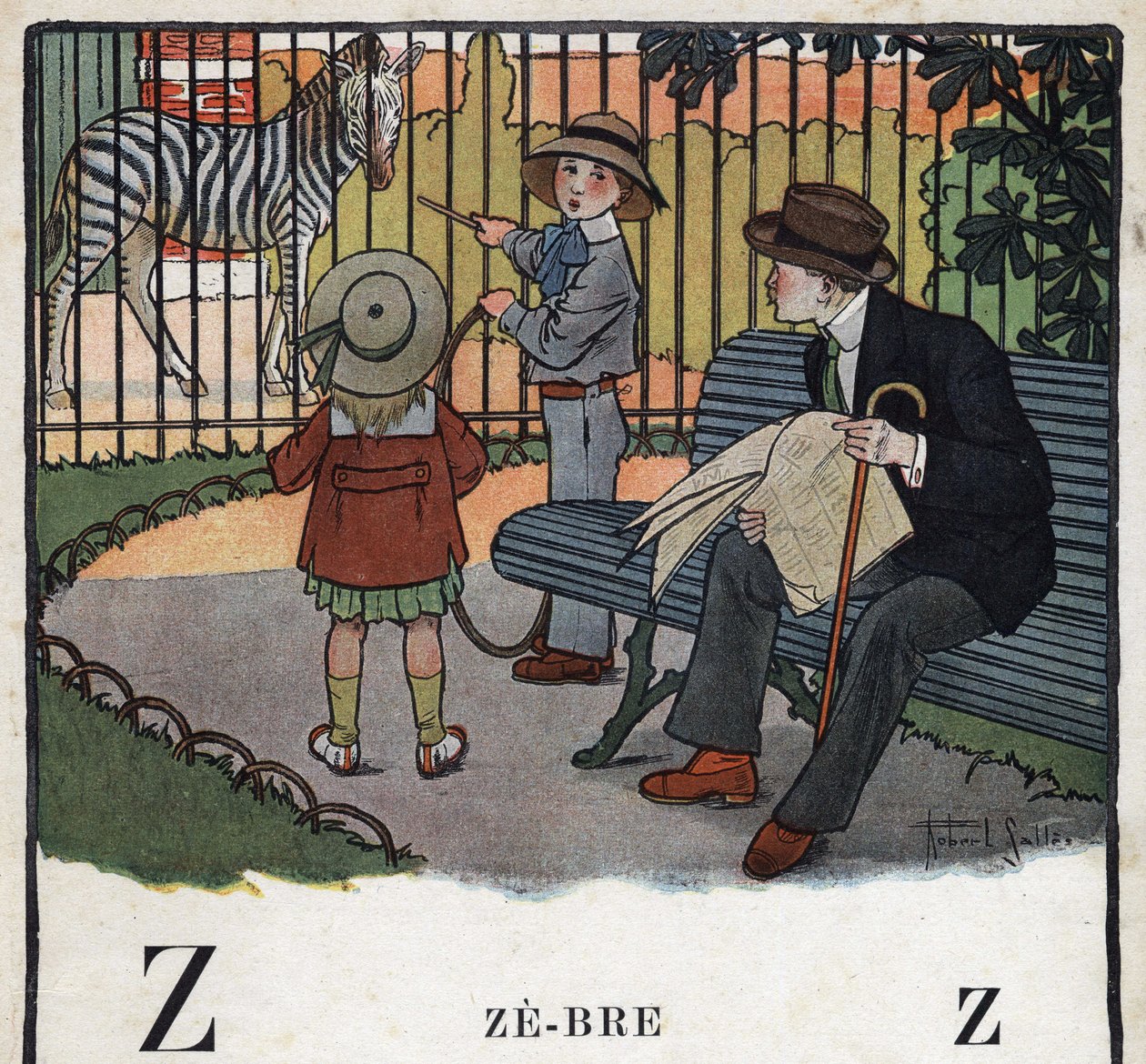 Børnebog "" Jeg vil læse - Metodisk og sjovt alfabet af en far""" 1926. Illustration af Robert Salles (1871-1929). Abecedaire: bogstav Z som Zebre. Børn, med en bøjle, ser på en zebra i en zoologisk have. af Robert Salles