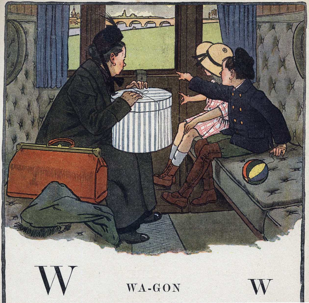 Børnebog "" Jeg vil læse - Metodisk og sjovt alfabet af en far""" 1926. Illustration af Robert Salles (1871-1929). Abecedaire: bogstav W som vogn. To børn med deres mor rejser i en togkupé. af Robert Salles