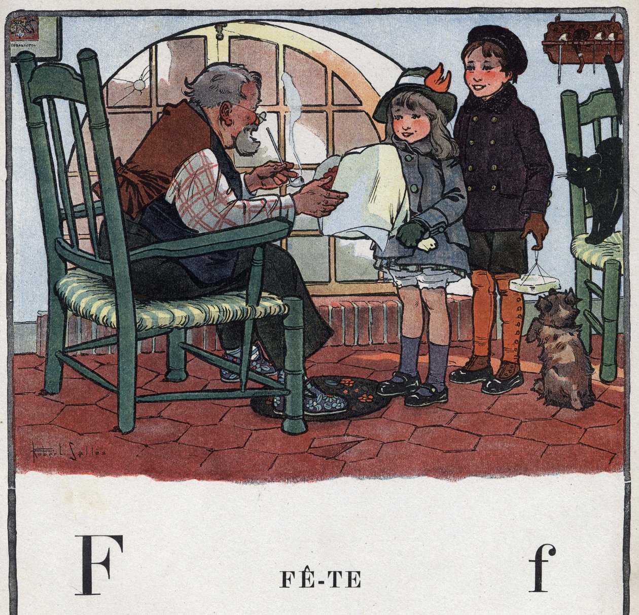 Børnebog "" Jeg vil læse - Metodisk og sjovt alfabet af en far""" 1926. Illustration af Robert Salles (1871-1929). Abecedaire: bogstavet F som Fete. En pige og en dreng byder på gaver til deres bedstefars fest. af Robert Salles