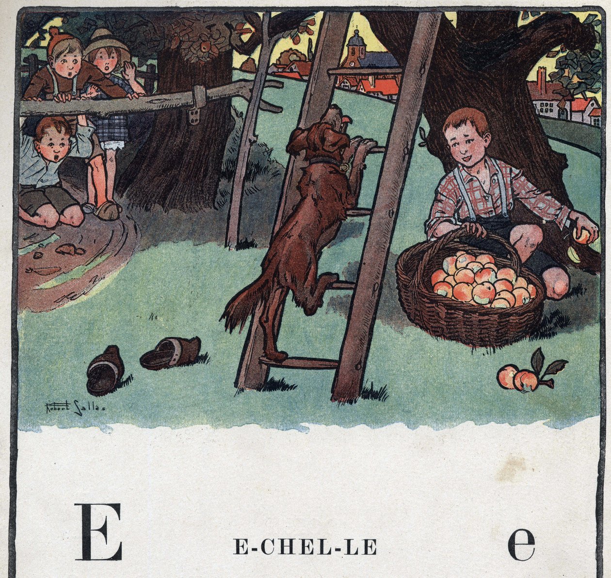 Børnebog "" Jeg vil læse - Metodisk og sjovt alfabet af en far""" 1926. Illustration af Robert Salles (1871-1929). Abecedary: bogstavet E som skala. En hund klatrer til stigen poserer mod et æbletræ. af Robert Salles