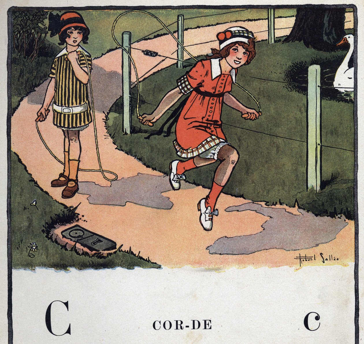 Børnebog "" Jeg vil læse - Metodisk og sjovt alfabet af en far""" 1926. Illustration af Robert Salles (1871-1929). Abecedary: bogstavet C som Reb. To piger spiller hoppereb. af Robert Salles
