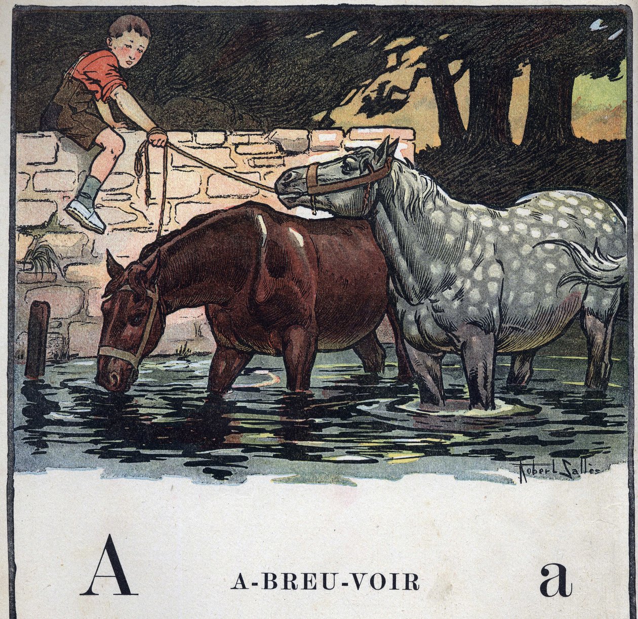 Børnebog "" Jeg vil læse - Metodisk og sjovt alfabet af en far""" 1926. Illustration af Robert Salles (1871-1929). Abecedary: bogstav A som drikkevand. To heste drikker vand. af Robert Salles